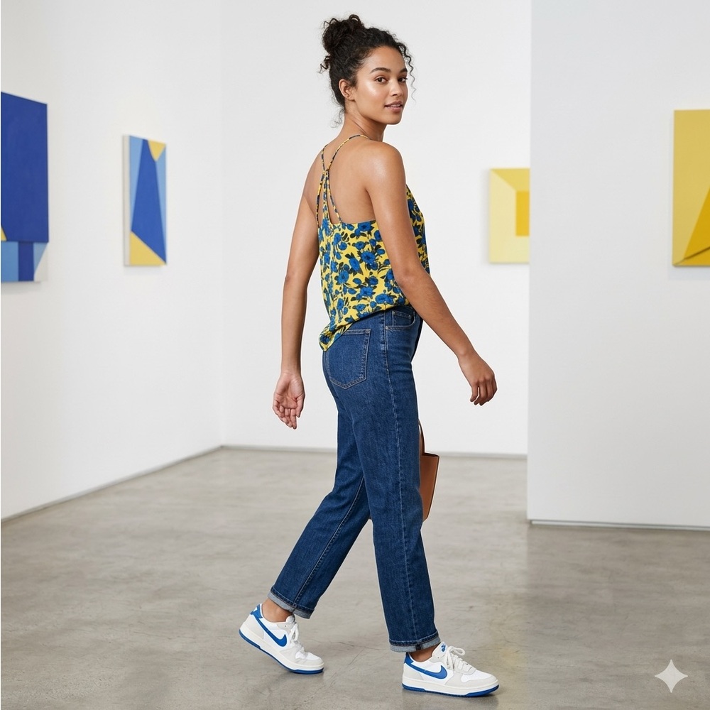 Harper Heritage Strappy Floral Summer Yellow and Blue Tank Top, Lightweight XXS